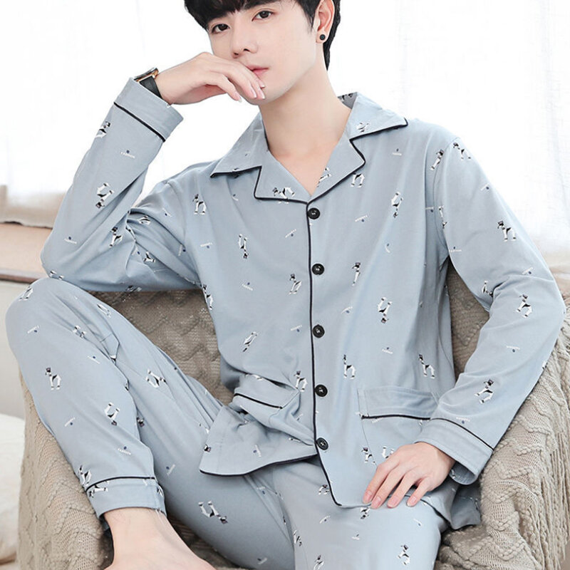 100% Katoen Plaid Pyjama Set Mode Revers Nachtkleding Pak Ongedwongen Vest Met Zakken Mannelijke Pijama Homewear Kleding Plus Size