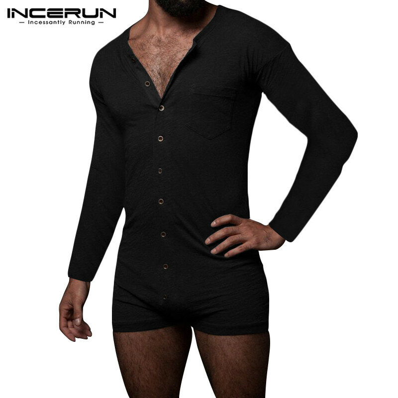 INCERUN Mens Leisure Pajamas Onesies Long Sleeve O Neck Solid Rompers Sleepwear Fashion Buttons Shorts Jumpsuit Homewear S-5XL 7