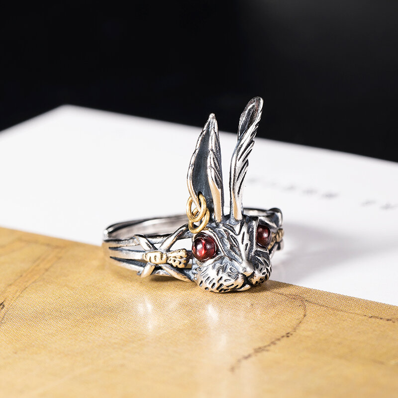 VLA 925 Silver Retro Gold Color Punk Ring Women's Fashion Personality Long Ear Rabbit Ring Adjustable Size Accessories