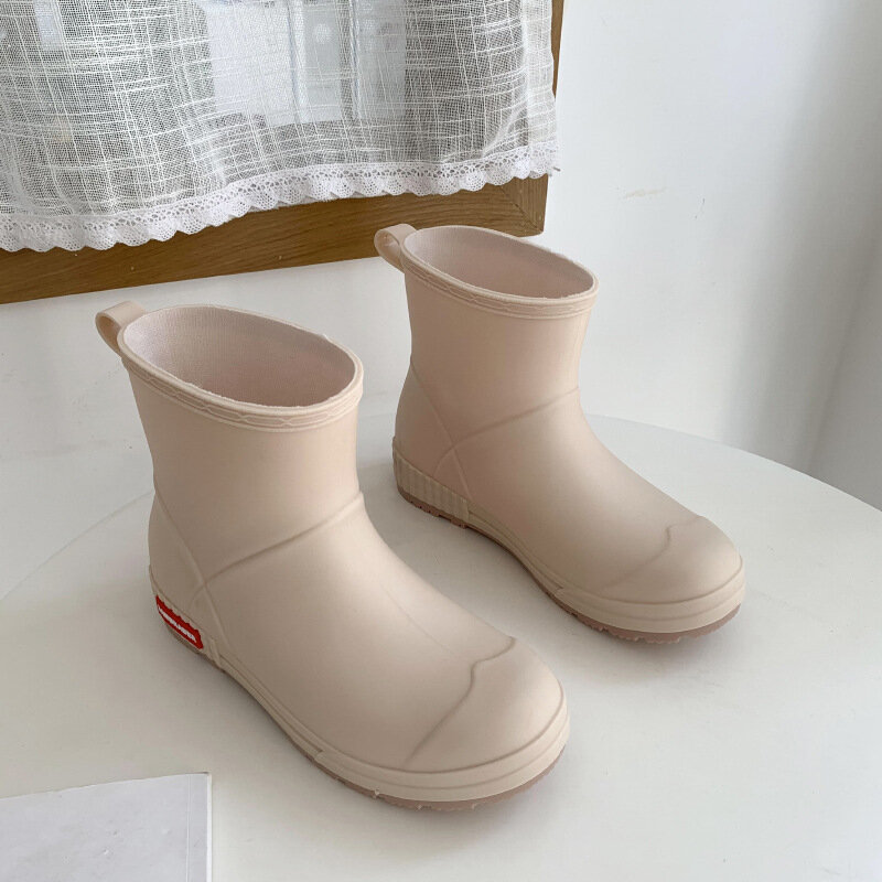 Sapatos de chuva femininos de baixo tubo de moda à prova dwaterproof água sapatos de chuva cor sólida deslizamento de pvc em toe redondo sapatos de chuva com conjuntos de algodão