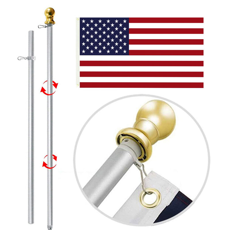 6FT Flag Pole kit, Aluminum Flag Pole Bracket Tangle Free Spinning Flagpole Hardware with Bracket for USA American Flags