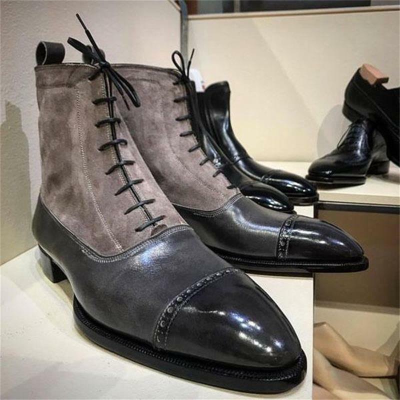 Men Fashion Business Casual Dress Shoes Handmade Black PU Stitching Gray Suede Pointed Toe Low-heel Lace-up Ankle Boots KU112