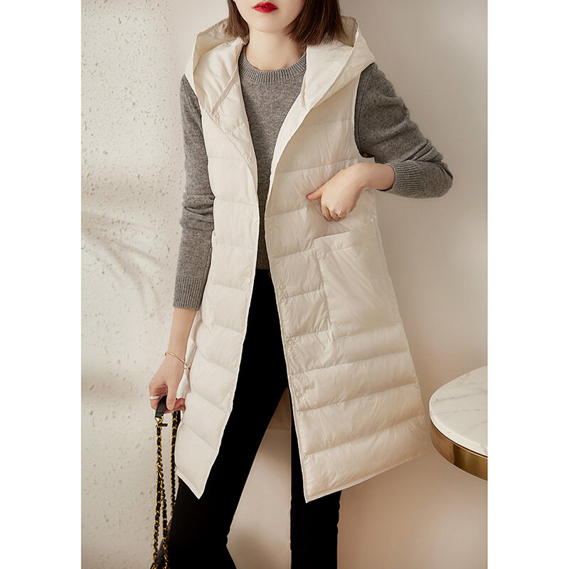 새로운 스타일 다운 재킷 조끼 여성 가볍고 얇은 2021 화이트 오리 기본 라이너 계층화 된 중간 길이 후드 외부 착용 따뜻한 조끼