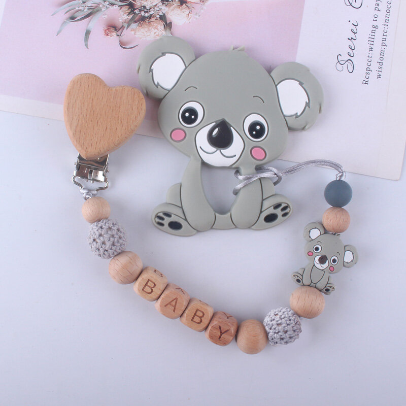 Love Heart Beech Wooden Pacifier Nipple Dummy Chain Cute Koala Eco-friendly Newborn Pacifier Chain  Clip