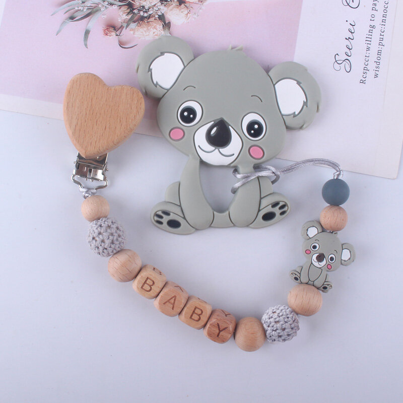 Chaîne de tétine en bois de hêtre, cœur d'amour, attache-tétine, mignon Koala, écologique, nouveau-né