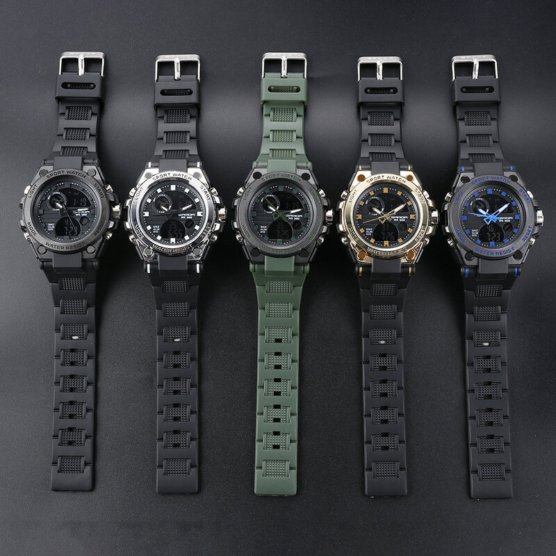 Sanda relógio esportivo masculino de luxo, relógio analógico digital eletrônico de led com display duplo, relógio de pulso eletrônico