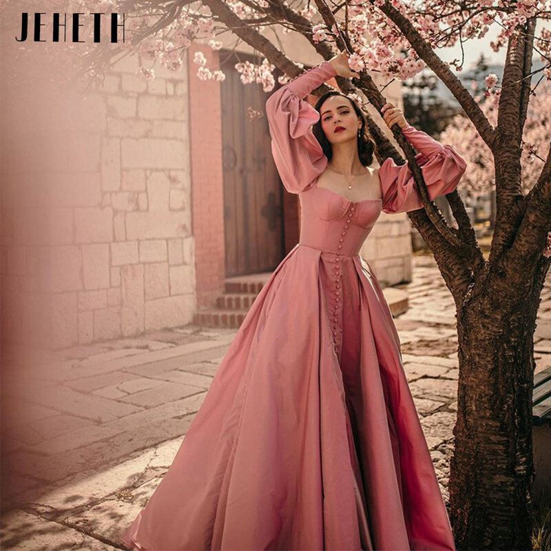 JEHETH różowa elegancka, długa bufiaste rękawy kwadratowy dekolt satynowe suknie balowe koronkowy prześwit Backless księżniczka sukienki na przyjęcie piętro długość