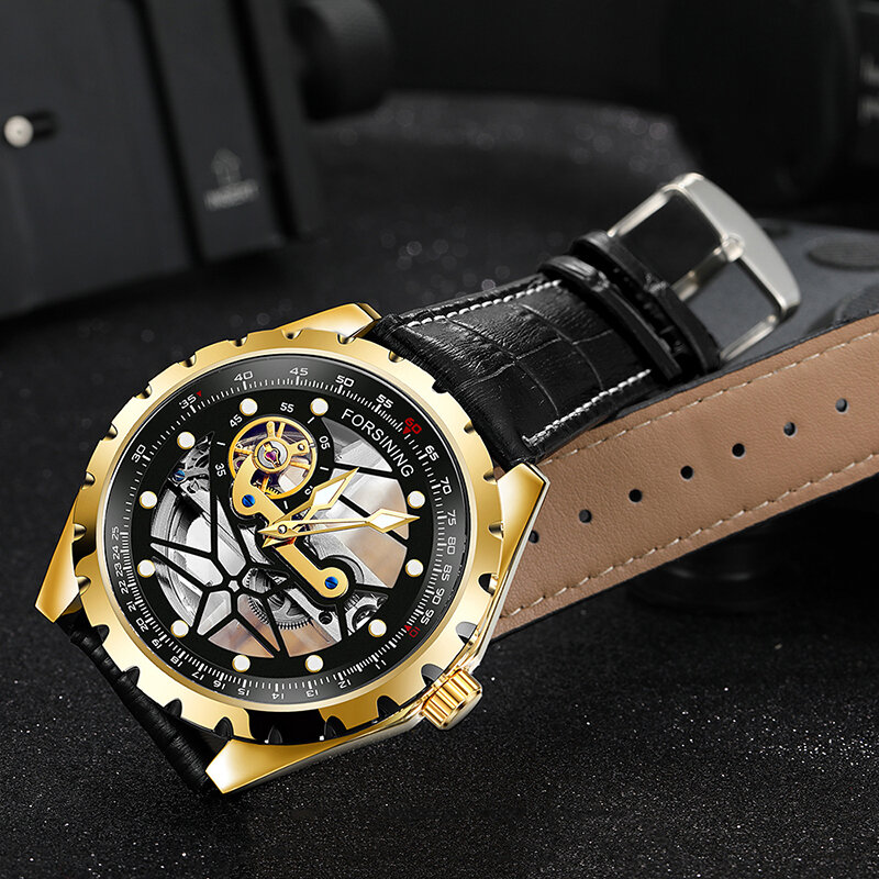 FORSINING Double Through Hollow Design Casual Watches Men Automatic Mechanical Hardlex Mirror Man's Wristwatch