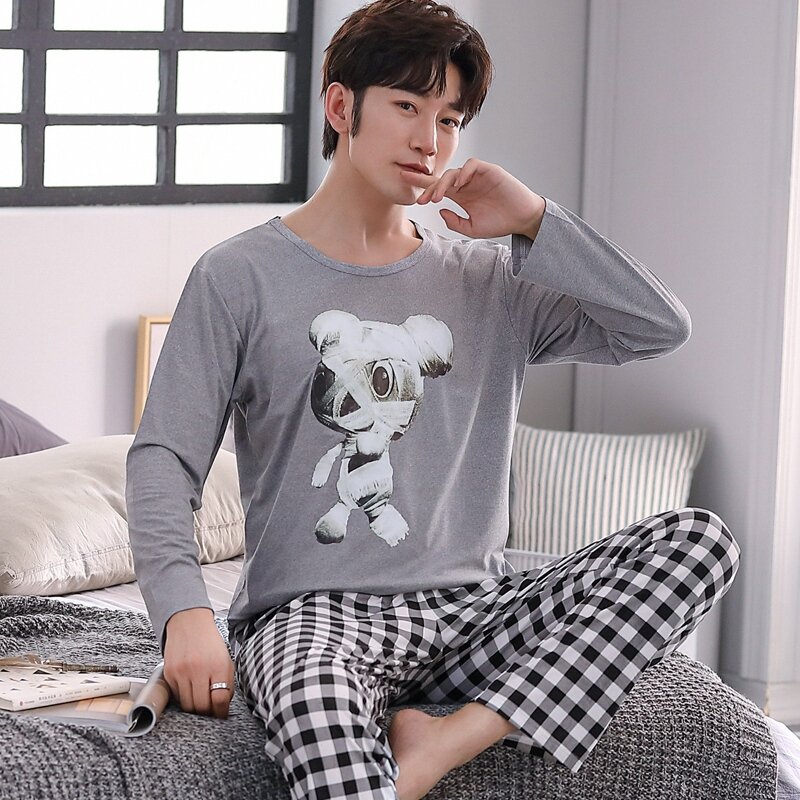 Пижама мужская хлопковая с длинным рукавом, пижамный комплект, штаны и одежда для сна, домашняя одежда, 4XL, Осень-зима 2021