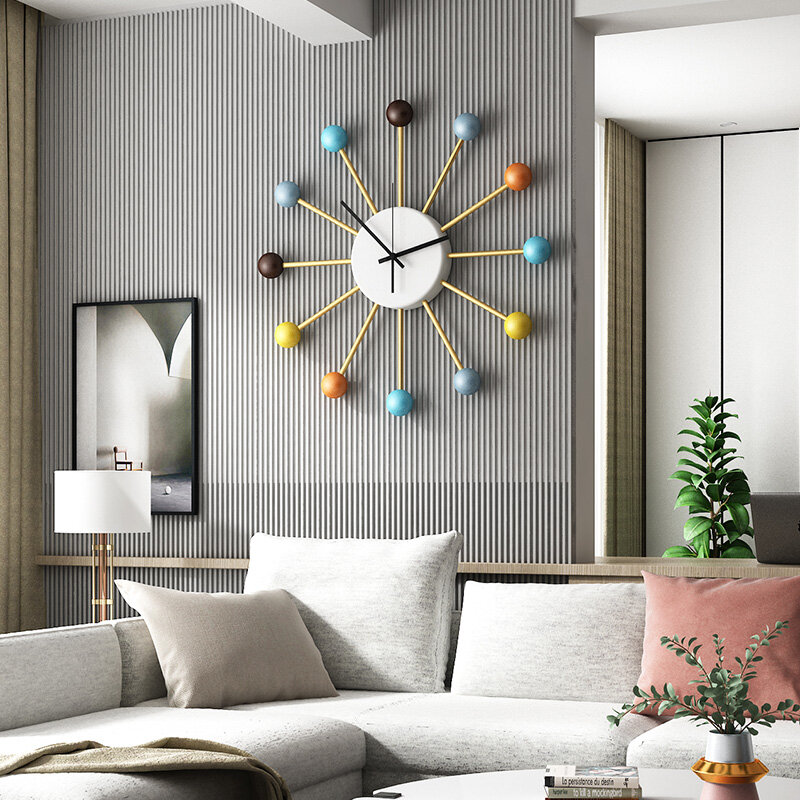 홈 거실 장식 시계 벽 시계 현대 디자인 북유럽 나무 공 금속 대형 하이틴 침실 주방 장식 시계