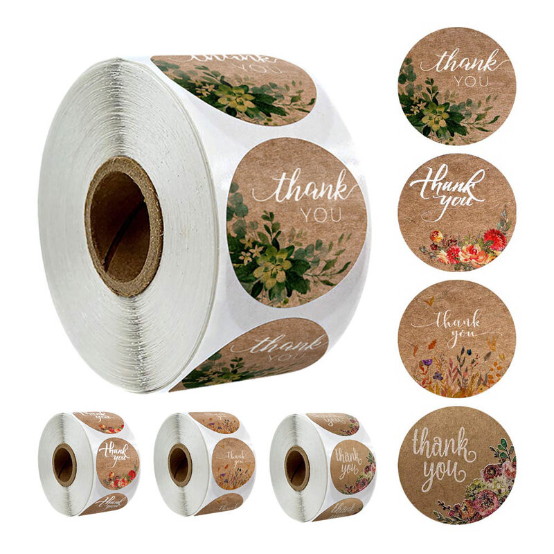 Autocollants de remerciement en papier Kraft naturel, 4 sortes de motifs de fleurs, étiquettes d'emballage pour scrapbooking, papeterie