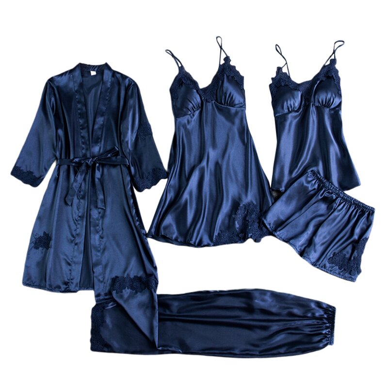 Conjunto feminino de pijamas, lingerie de seda sensual e gelo, 5 peças, pijama com suspensórios e blusas, trajes de verão e primavera