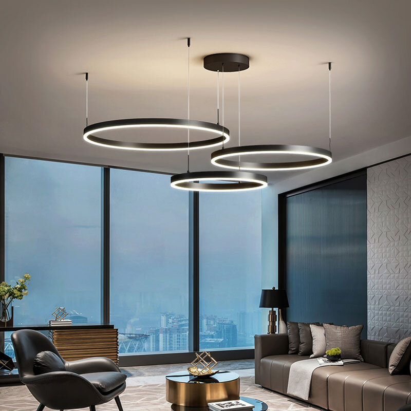 Modern Sederhana Hitam LED Chandelier untuk Ruang Tamu Ruang Makan Dapur Kamar Tidur Rumah Liontin Lampu Bulat Cincin Desain Lampu Gantung