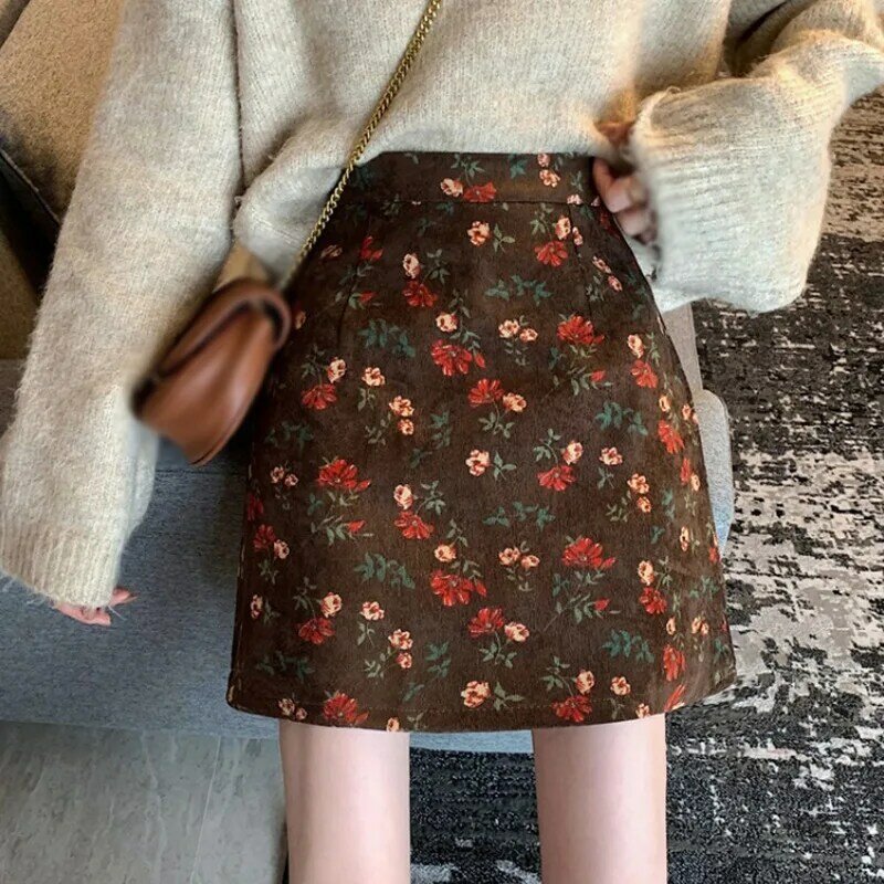 2021 New Vintage kobiety spódnice Floral Print spódnice lato Mini spódniczka A-line spódnica z wysokim stanem Plus rozmiar kobiety odzież M-3XL