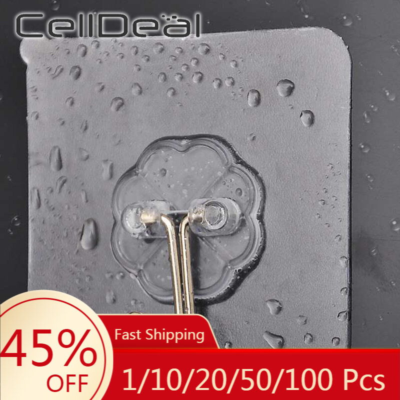 1/20/100Pcs Wall Hooks Waterproof Oilproof Self Adhesive Transparent Reusable Seamless Hanging Hook for Kitchen Bathroom Office