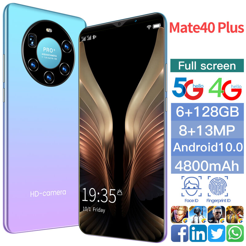 2021 mate 40 pro 5g smartphone 6. telefone celular de 1 polegada, telefone smartphone com cartão sim duplo 6gb ram + 128gb rom