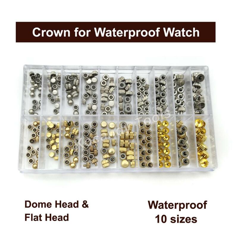 Waterproof Watch Crown Parts Replacement Assorted Gold & Silver Dome Flat Head Watch Accessories Repair Tool Kit for Watchmaker