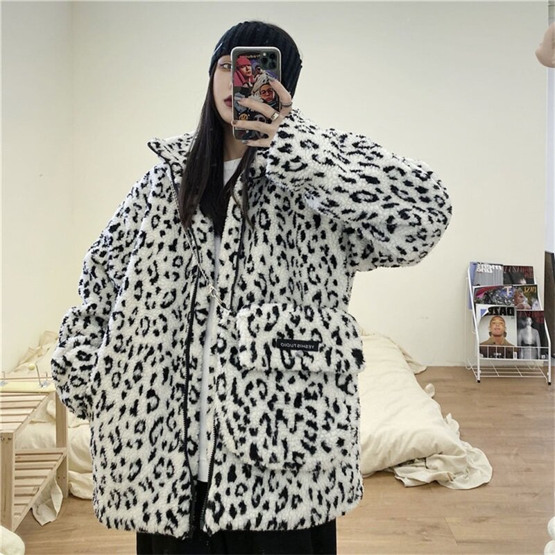 Harajuku solto casaco de manga completa manter quente lambswool preto e branco design xadrez zíper jaqueta vintage engrossar algodão roupas