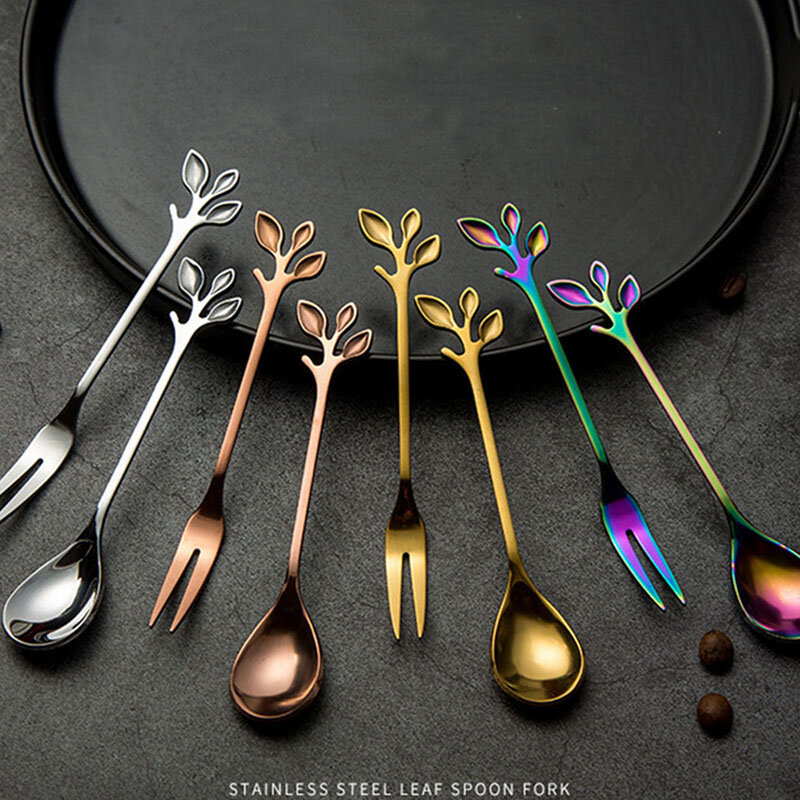 Cute Leaf shape Stainless Steel Coffee Spoons Set Creative Tableware Fruit Forks Small Mini Metal Kitchen Accessories Tea Scoops