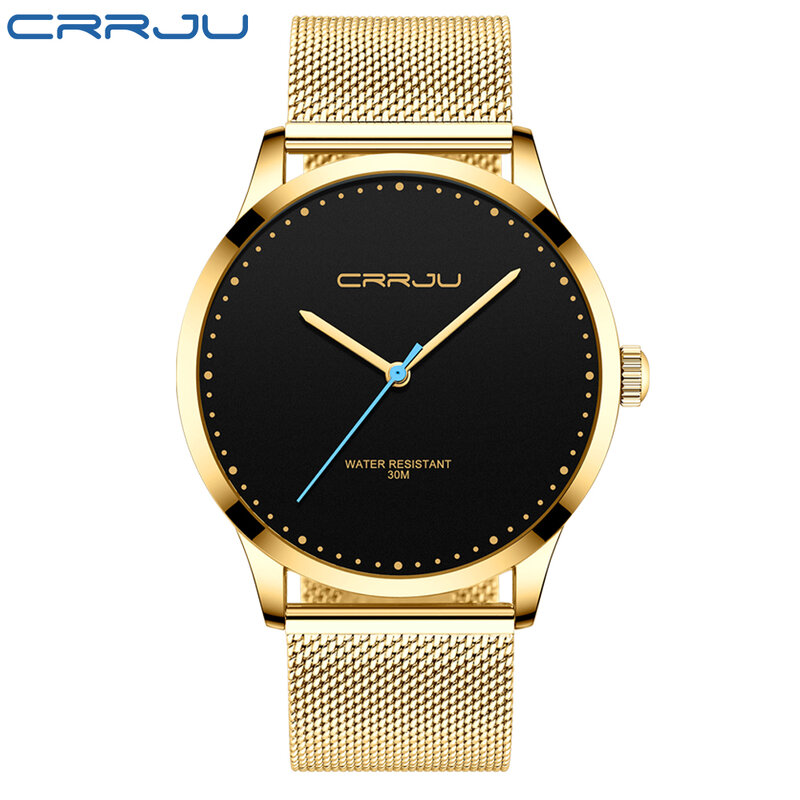 Crrju masculino relógio de pulso de quartzo à prova dwaterproof água aço inoxidável marca de luxo relógio de pulso de ouro preto relogio masculino