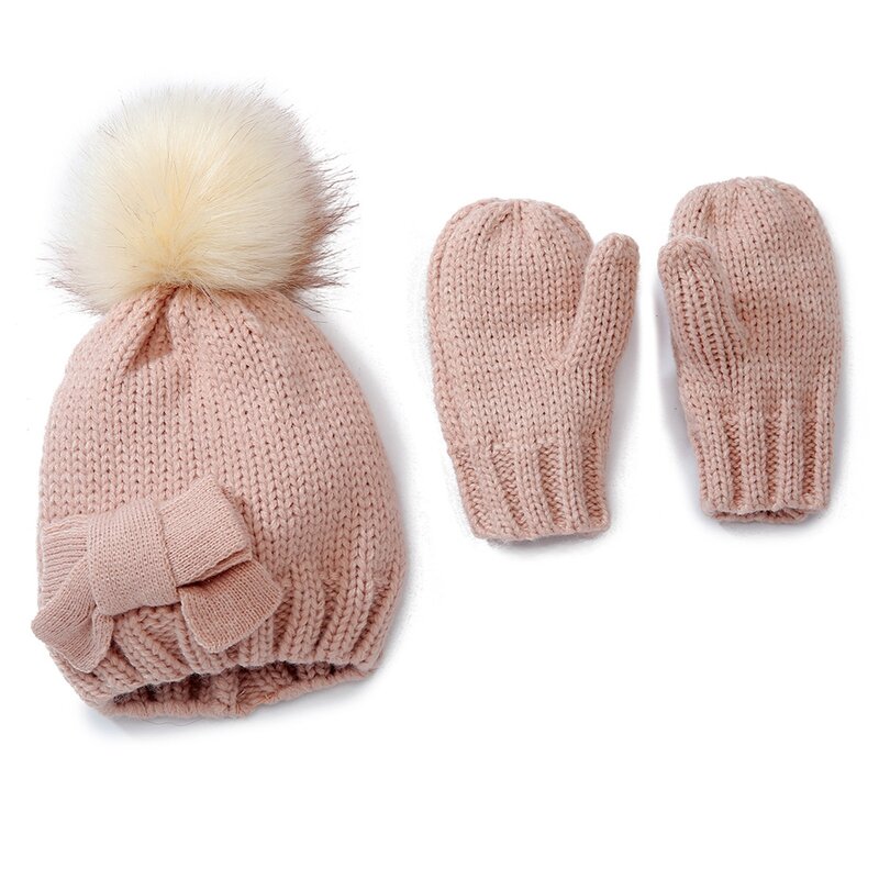 Neugeborenen Einfarbig Stricken Wolle Mützen und Handschuhe Zwei Stück Set Nette Crochet Bögen Infant Warme Hut Baby Headwear Haar zubehör