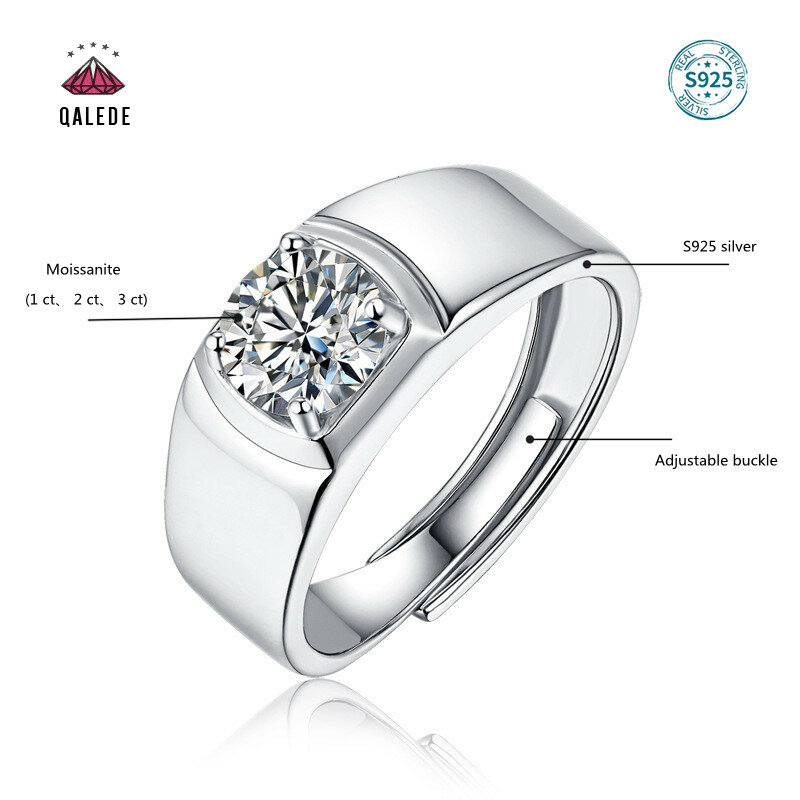 Qalede S925 Zilveren Ring Brand New 1/2/3 Karaat Mossang Diamant Verstelbare Gesp Mannen En Vrouwen Holiday Gift Paar