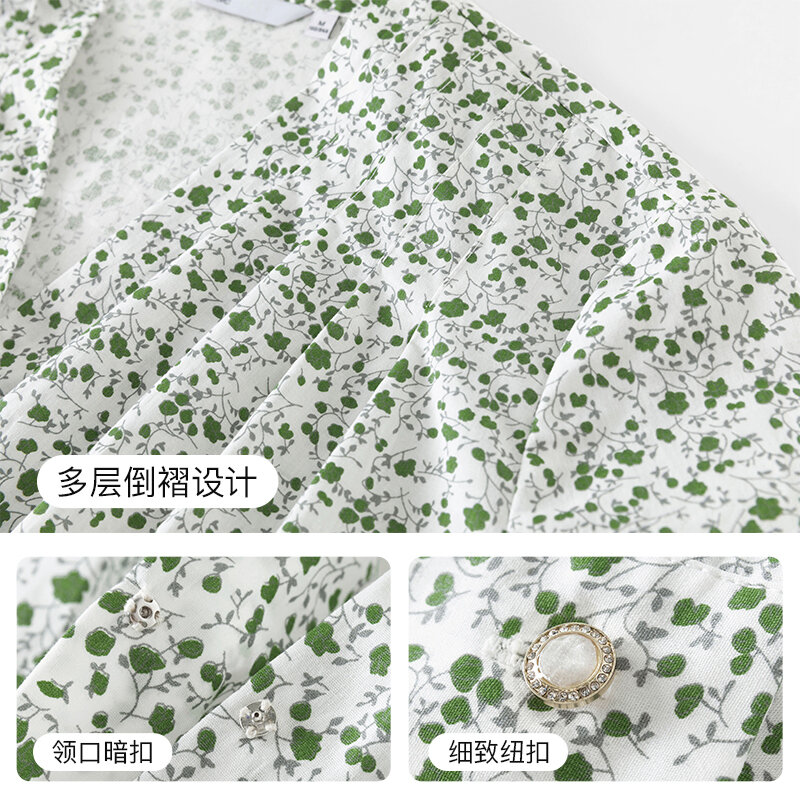 FANSILANEN Pure Cotton V-neck Shirt Female Fold Design Sense Niche Casual 2021 New Long-sleeved Floral Shirt Women Top