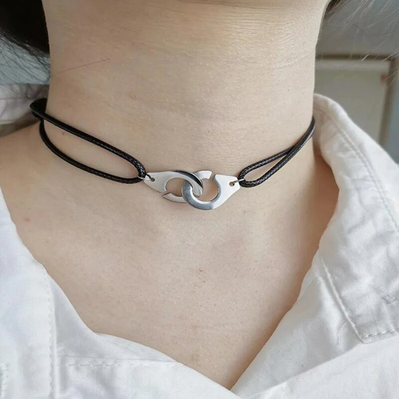 Harajuku Stainless Steel Handcuff Choker Necklace Cool Red Black Rope Adjustable Les Menottes Cord Neck For Women Party Gift
