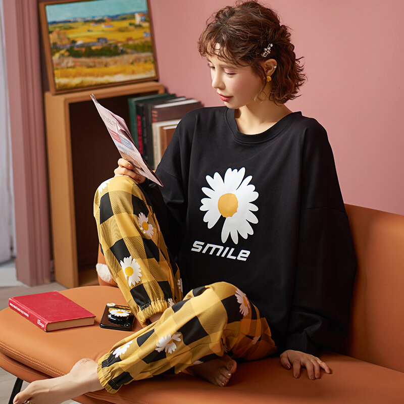 MELIFLE Autumn 100% Cotton Black Pajamas 여성용 겨울 따뜻한 Atoff Home 새틴 잠옷 Soft Kawaii Silk Lounge Nightwear