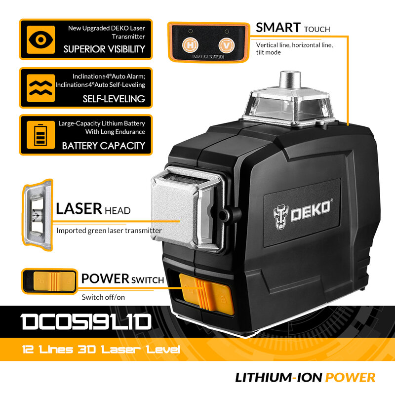 Niveau Laser DEKO DC Series 12 lignes 3D, sortie d'usine, lignes transversales horizontales et verticales vertes avec Auto-nivellement