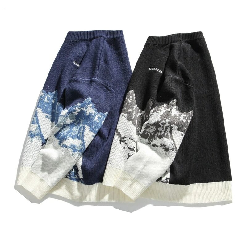 Snow Mountain ถักเสื้อกันหนาวจัมเปอร์ Streetwears Mens Hip Hop Harajuku Pullover เสื้อถัก Tops แฟชั่น Unisex ถักหลวม Outwear