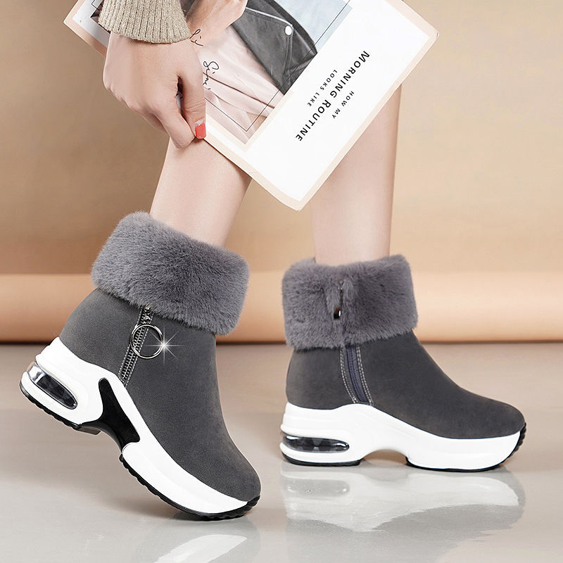 Senhoras tornozelo botas de pelúcia quente botas curtas dedo do pé redondo zíper almofada de ar aumentando botas ao ar livre botas de neve confortáveis 2021