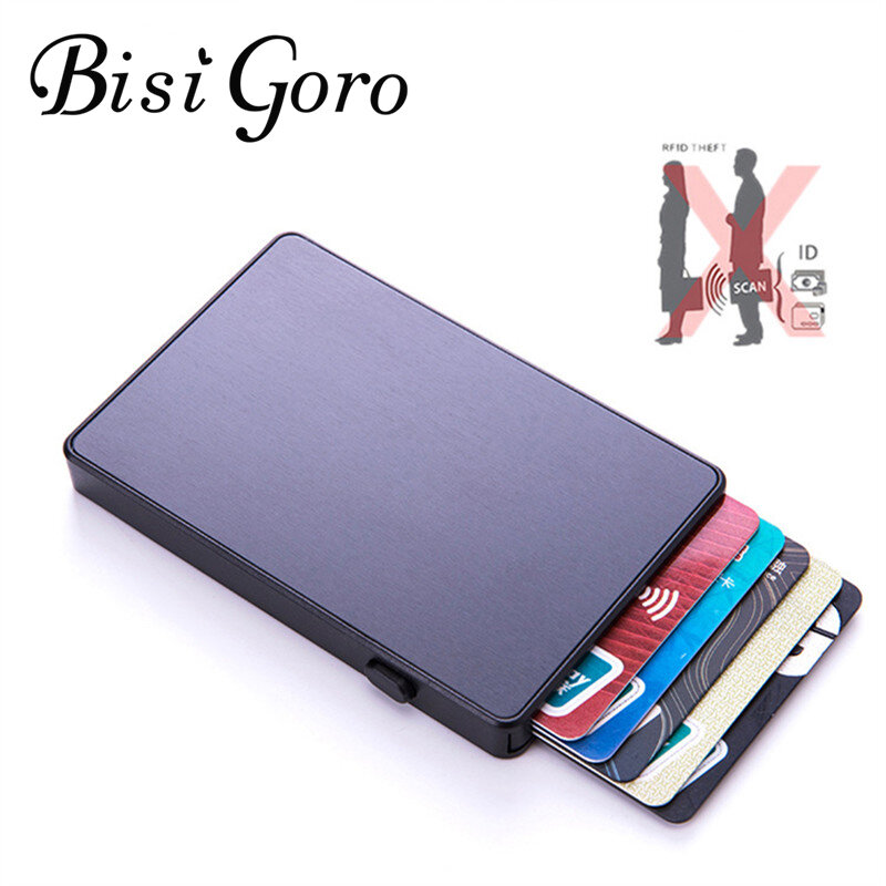 BISI GORO Customized Name Anti-theft Aluminum Single Box Smart Wallet Slim RFID Clutch Pop-up Push Button Card Holder Cards Case