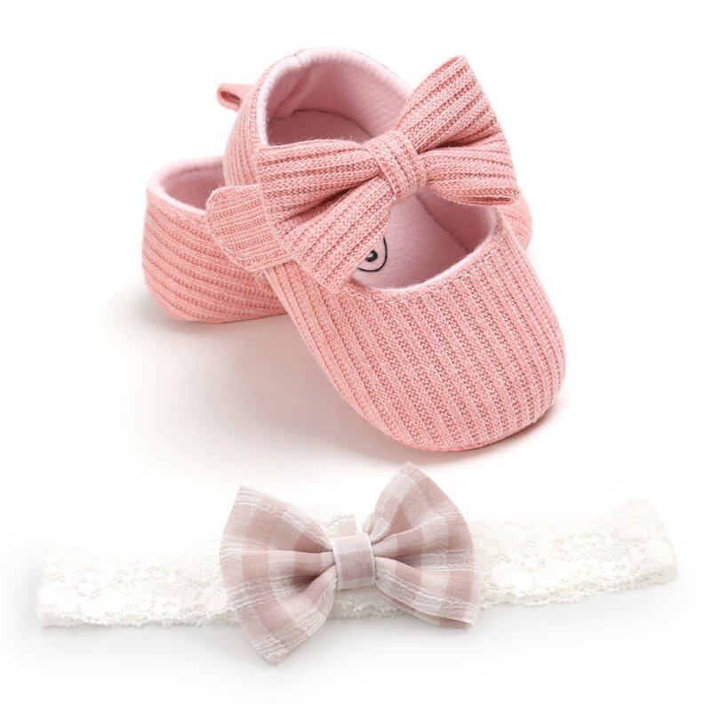 Lovely Baby Girl Winter Autumn Warm Anti-Slip Casual Walking Shoes Bow Sneakers Soft Soled First Walking Shoes Headband 2 Set