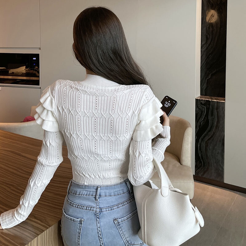 새로운 우아한 세련된 니트 스웨터 여성 한국어 주름 긴 소매 자르기 스웨터 패션 사무실 레이디 슬림 풀오버 니트 탑스