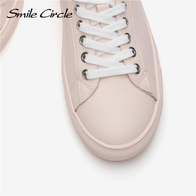Smile Circle blanco zapatillas de deporte de cuero genuino de las mujeres bajo-Tacón de plataforma plana de moda blanco zapatos de mujer tamaño 36-42
