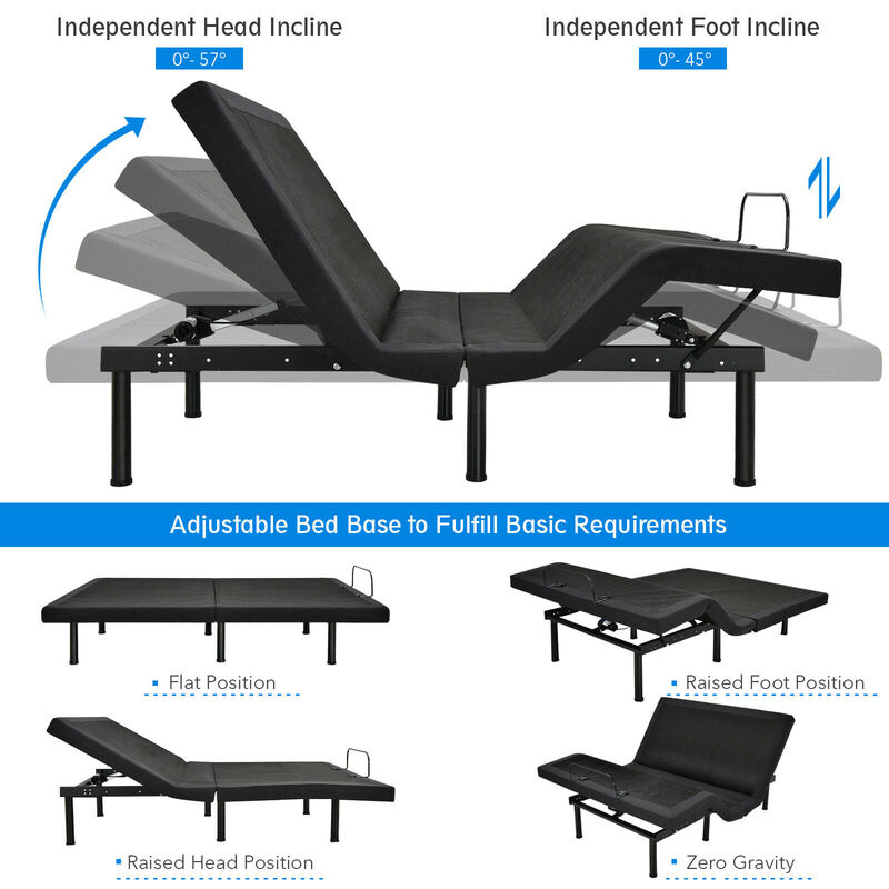 Base de cama elétrica costway ajustável queen ep24950us, estrutura de cama com controle remoto massagem
