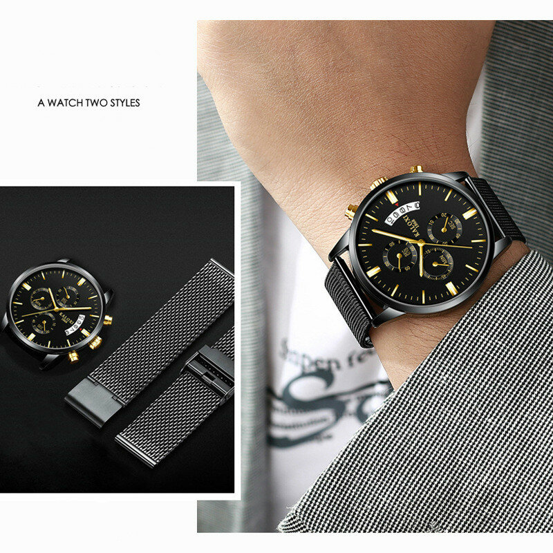 Reloj deportivo para hombre, pulsera multifuncional con diseño de tres ojos reales, resistente al agua, manecillas luminosas, correa de acero, de negocios