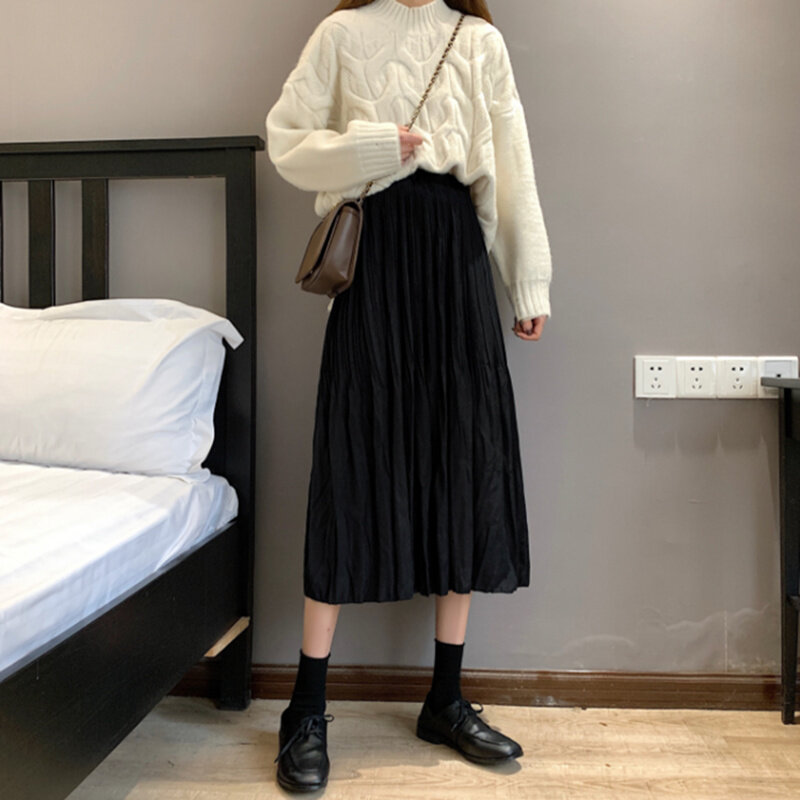 Saia feminina chique saia outono coreano 2021 nova cintura alta fina médio longo branco primeiro amor a linha vestido