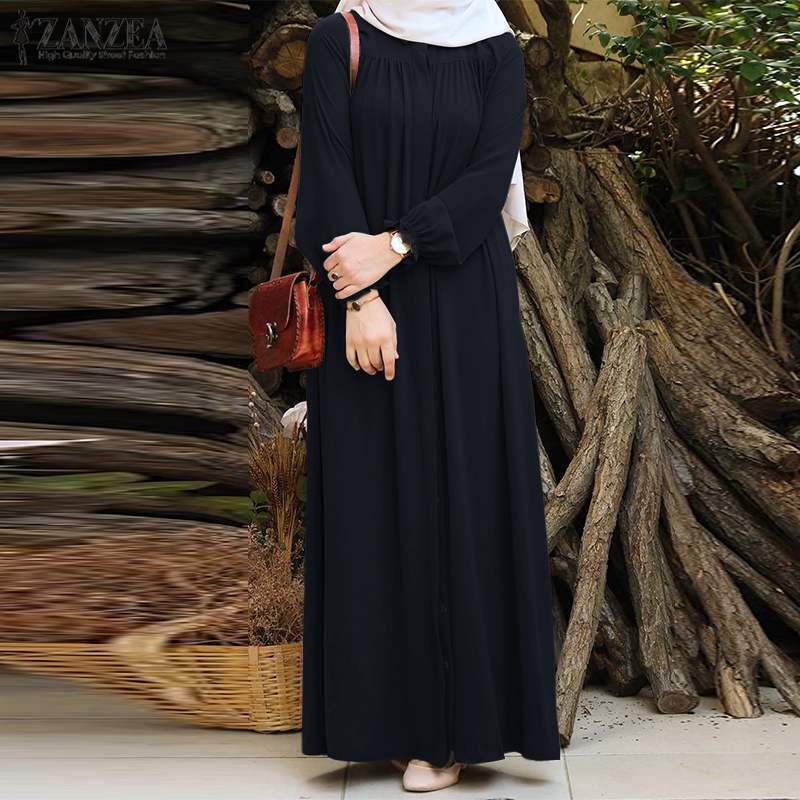 Vrouwen Vintage Lange Mouwen Maxi Lange Jurk Dubai Abaya Kalkoen Hijab Jurk Zanzea Herfst Zonnejurk Solid Moslim Islamitische Kleding