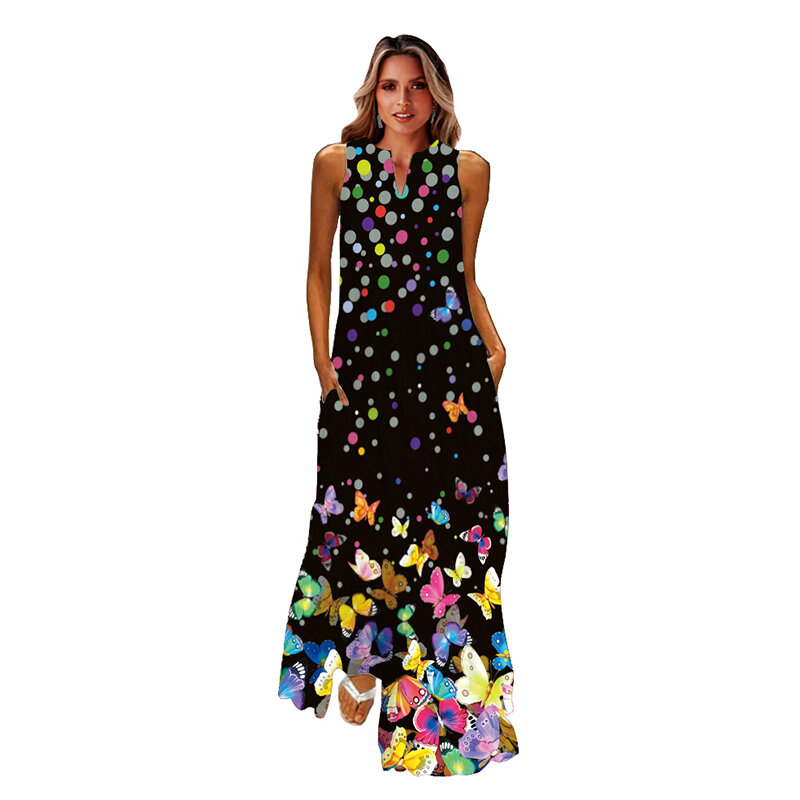 WAYOFLOVE 2022 Long Dress Summer Beach Casual Holiday Vintage Dresses V Neck Dress Women Party Butterfly Print Female Maxi Dress