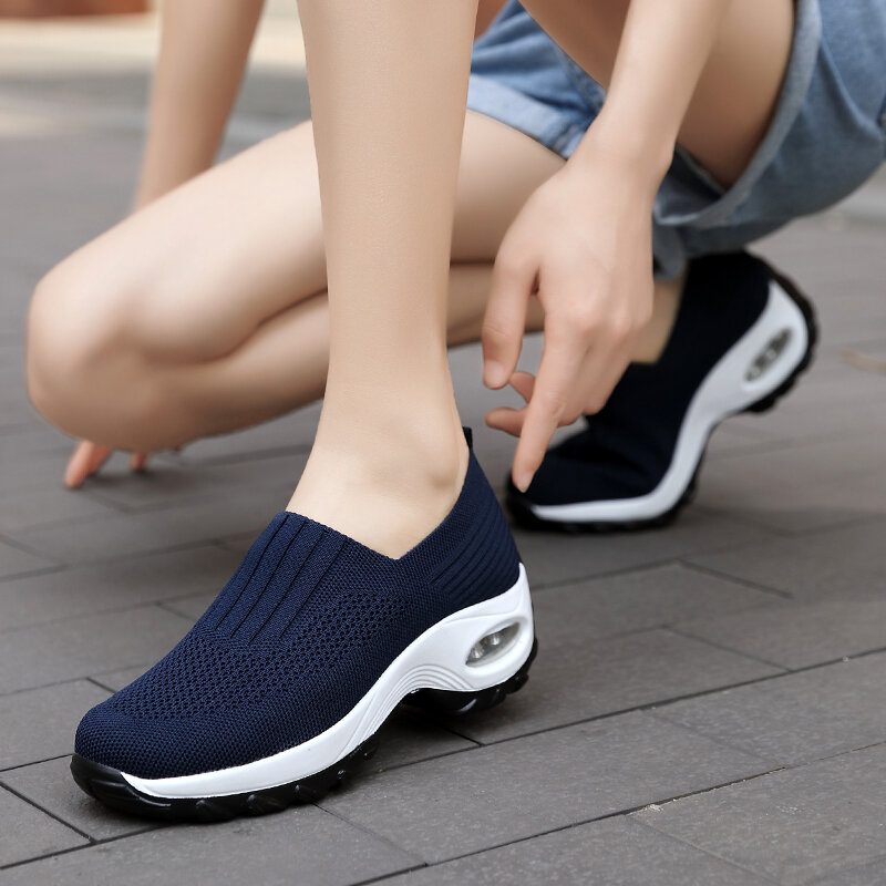 Plataforma feminina meias sapatos almofada de ar moda sapatos casuais designer tênis sapatos de malha respirável sapatos de caminhada