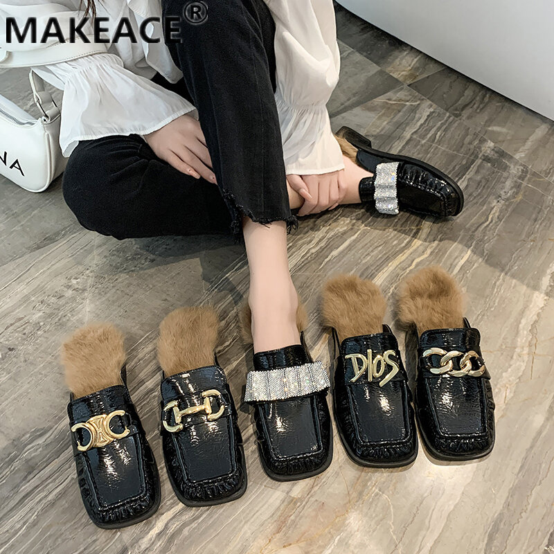 Women's Slippers Autumn Home Outdoor Fashion Bag-top Moeller Shoes Plush Warm Cotton Slippers Low Heels Fashion Women's Sandals