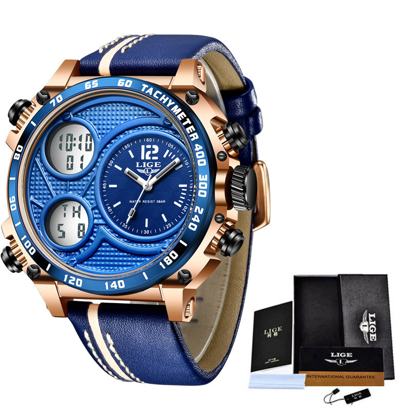LIGE – montre de Sport pour hommes, marque de luxe, LED, étanche, chronographe, mode, double affichage, cuir lumineux, militaire
