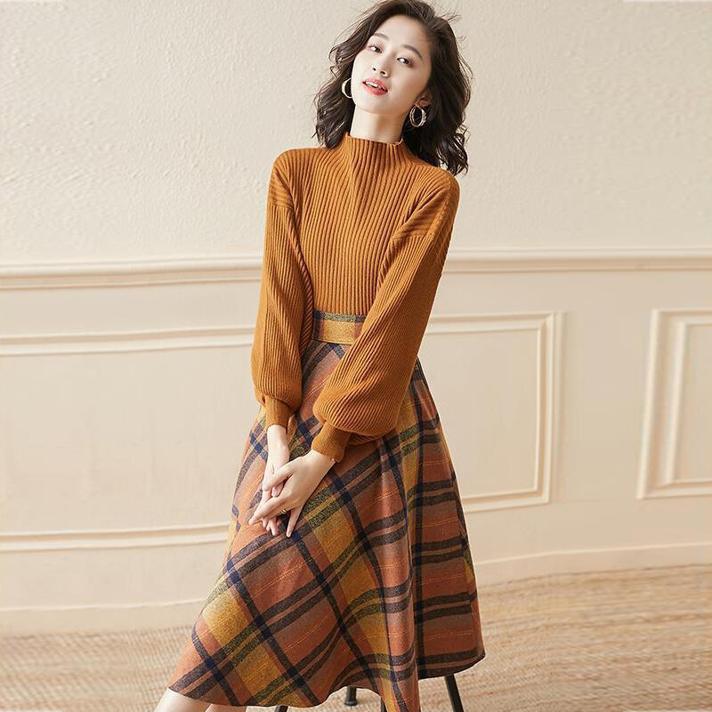 Vangull England Style Women Two-piece Suit Autumn Solid Long Sleeve Knitted Pullovers Plaid Side Zipper Skirts Female Two Sets