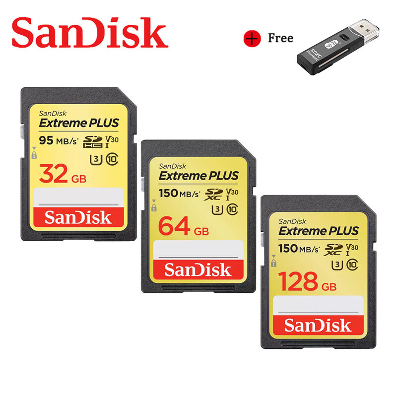 Карты памяти SanDisk Extreme SDHC/SDXC SD карты в формате 4K UHD, 128 Гб 64 Гб 150 МБ/с. Class10 U3 V30 высокое Скорость 32 Гб 90 МБ/с. UHS-1 флеш-карта