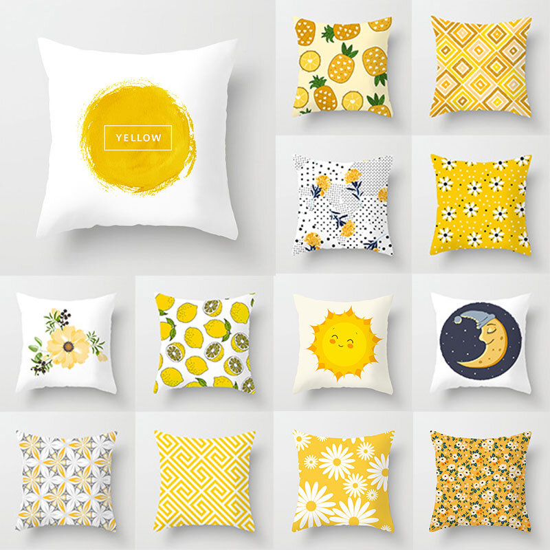 Funda de almohada geométrica nórdica, funda de almohada Simple y moderna de dibujos animados, de color amarillo pequeño fresco, Floral, para asiento de sofá, sala de estar