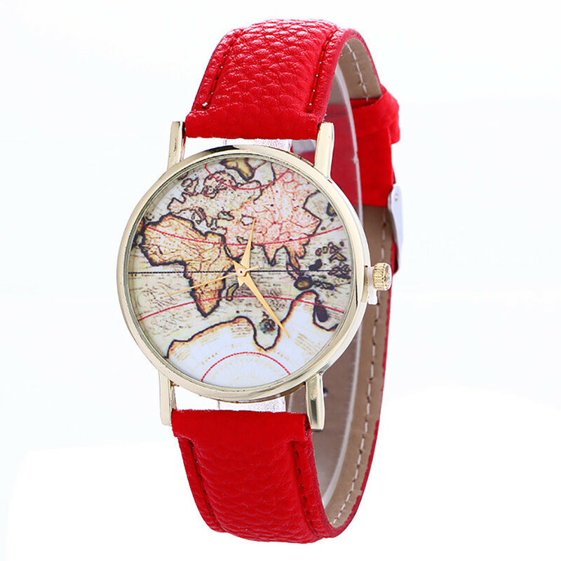 Reloj con diseño de mapa del mundo para hombre y mujer, cronógrafo de pulsera de cuarzo, analógico, sencillo, correa de cuero, Retro, 2019