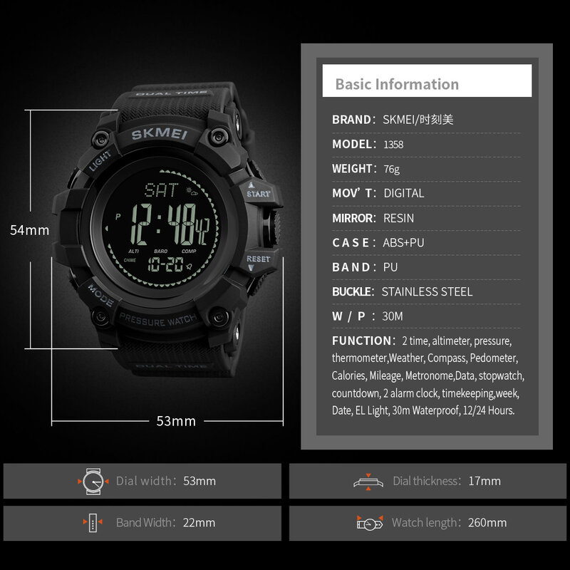 Skmei relógio digital esportivo com bússola, relógio cromo digital de pressão de marca para homens, relógio impermeável de pulseira 30m