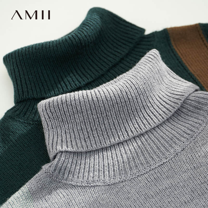 Amii minimalizm zima sukienka dla kobiet przyczynowe wełny Patchwork luźny nieregularny brzeg kobiet sweter z golfem topy 12070649